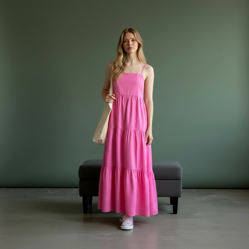 Charlie Holiday Isabella Maxi Dress Pink Cotton Tiered Nwt 2 Pullover Style — image 2 of 8